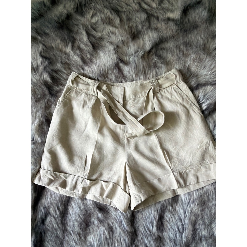 Context 100% Linen High Waisted Belted Pleated Cuffed Shorts Beige Womens Size 8